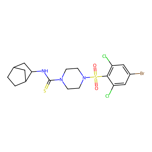 N-(3-bicyclo[2.2.1]heptanyl)-4-(4-bromo-2,6-dichlorophenyl)sulfonylpiperazine-1-carbothioamide structure