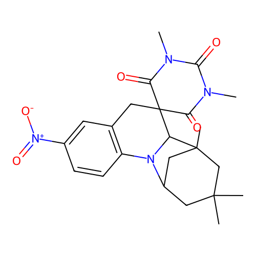 1',3',7,9,9-pentamethyl-3-nitro-6a,7,8,9,10,11-hexahydro-1'H,5H-spiro[7,11-methanoazepino[1,2-a]quinoline-6,5'-pyrimidine]-2',4',6'(3'H)-trione structure