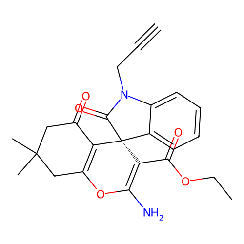 (S)-ethyl 2-amino-7,7-dimethyl-2',5-dioxo-1'-(prop-2-yn-1-yl)-5,6,7,8-tetrahydrospiro[chromene-4,3'-indoline]-3-carboxylate structure