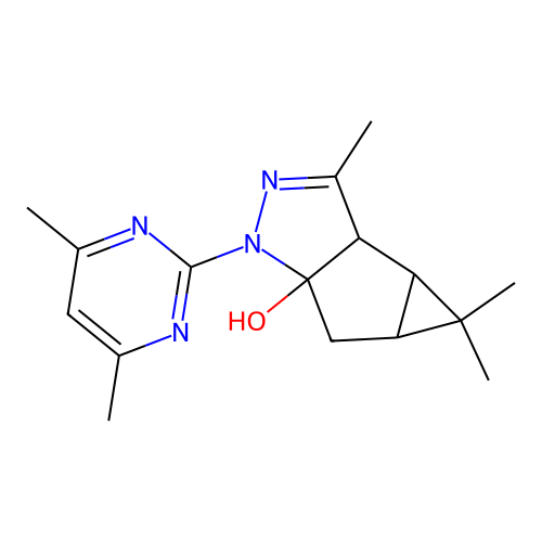 1-(4,6-dimethylpyrimidin-2-yl)-3,4,4-trimethyl-1,3a,3b,4,4a,5-hexahydro-5aH-cyclopropa[3,4]cyclopenta[1,2-c]pyrazol-5a-ol structure