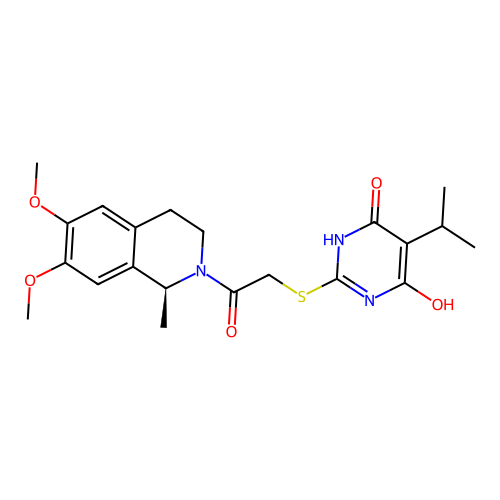(S)-2-((2-(6,7-dimethoxy-1-methyl-3,4-dihydroisoquinolin-2(1H)-yl)-2-oxoethyl)thio)-6-hydroxy-5-isopropylpyrimidin-4(3H)-one structure