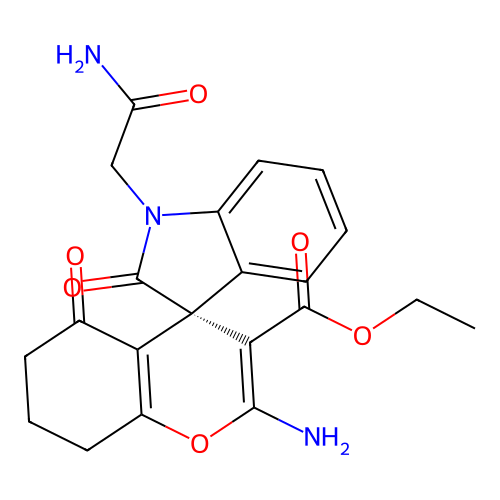 (S)-ethyl 2-amino-1'-(2-amino-2-oxoethyl)-2',5-dioxo-5,6,7,8-tetrahydrospiro[chromene-4,3'-indoline]-3-carboxylate structure