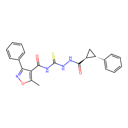 5-methyl-3-phenyl-N-(2-((1S,2S)-2-phenylcyclopropanecarbonyl)hydrazinecarbonothioyl)isoxazole-4-carboxamide structure