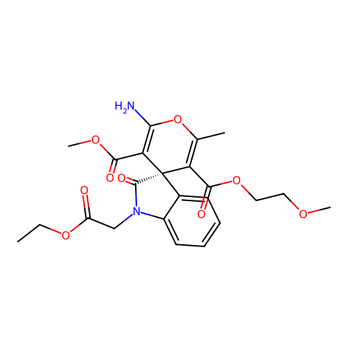(S)-5'-(2-methoxyethyl) 3'-methyl 2'-amino-1-(2-ethoxy-2-oxoethyl)-6'-methyl-2-oxospiro[indoline-3,4'-pyran]-3',5'-dicarboxylate structure
