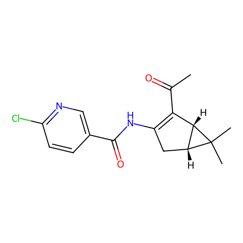N-((1S,5R)-2-acetyl-6,6-dimethylbicyclo[3.1.0]hex-2-en-3-yl)-6-chloronicotinamide structure