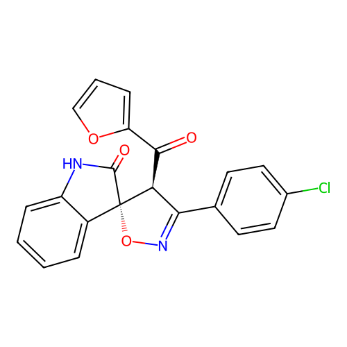 (3R,4'S)-3'-(4-chlorophenyl)-4'-(furan-2-carbonyl)-4'H-spiro[indoline-3,5'-isoxazol]-2-one structure