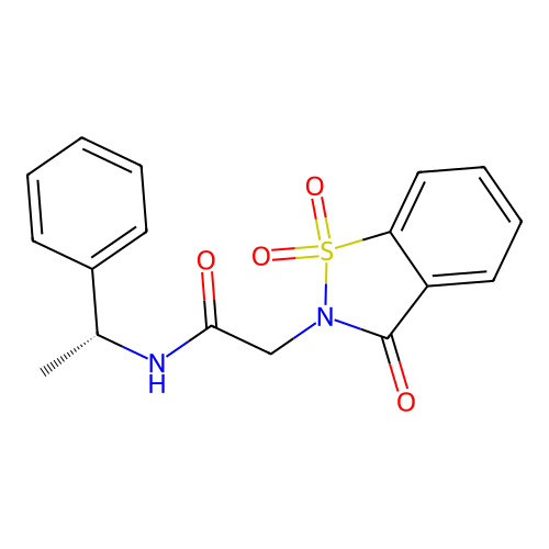 (R)-2-(1,1-dioxido-3-oxobenzo[d]isothiazol-2(3H)-yl)-N-(1-phenylethyl)acetamide structure
