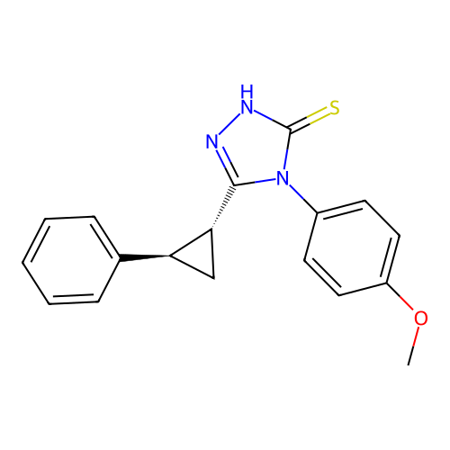4-(4-methoxyphenyl)-3-[(1R,2R)-2-phenylcyclopropyl]-1H-1,2,4-triazole-5-thione structure