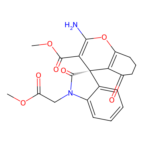 (S)-methyl 2-amino-1'-(2-methoxy-2-oxoethyl)-2',5-dioxo-5,6,7,8-tetrahydrospiro[chromene-4,3'-indoline]-3-carboxylate structure