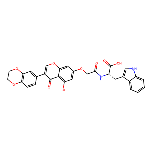 (2S)-2-[[2-[3-(2,3-dihydro-1,4-benzodioxin-6-yl)-5-hydroxy-4-oxochromen-7-yl]oxyacetyl]amino]-3-(1H-indol-3-yl)propanoic acid structure