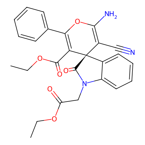 (R)-ethyl 2'-amino-3'-cyano-1-(2-ethoxy-2-oxoethyl)-2-oxo-6'-phenylspiro[indoline-3,4'-pyran]-5'-carboxylate structure