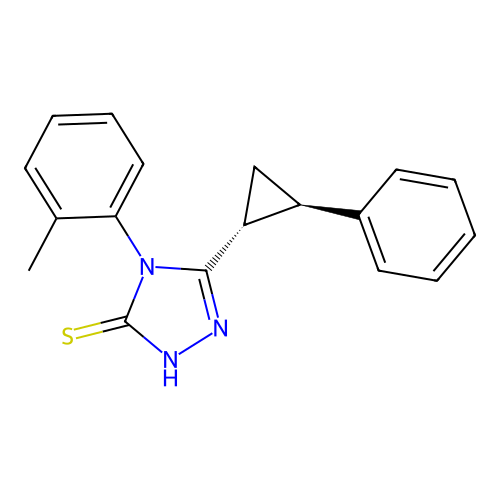 4-(2-methylphenyl)-3-[(1R,2R)-2-phenylcyclopropyl]-1H-1,2,4-triazole-5-thione structure