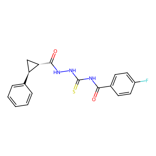 4-fluoro-N-(2-((1S,2S)-2-phenylcyclopropanecarbonyl)hydrazinecarbonothioyl)benzamide structure