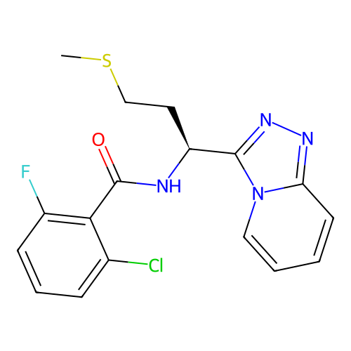 (S)-N-(1-([1,2,4]triazolo[4,3-a]pyridin-3-yl)-3-(methylthio)propyl)-2-chloro-6-fluorobenzamide structure