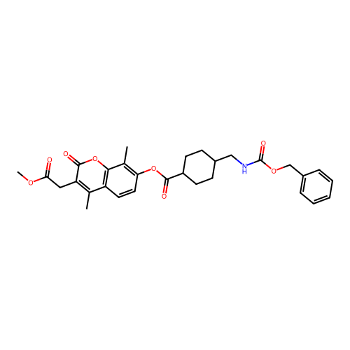 (1r,4r)-3-(2-methoxy-2-oxoethyl)-4,8-dimethyl-2-oxo-2H-chromen-7-yl 4-((((benzyloxy)carbonyl)amino)methyl)cyclohexanecarboxylate structure