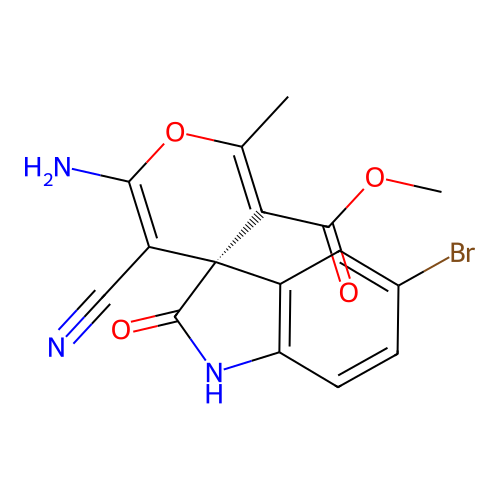 (R)-methyl 2'-amino-5-bromo-3'-cyano-6'-methyl-2-oxospiro[indoline-3,4'-pyran]-5'-carboxylate structure