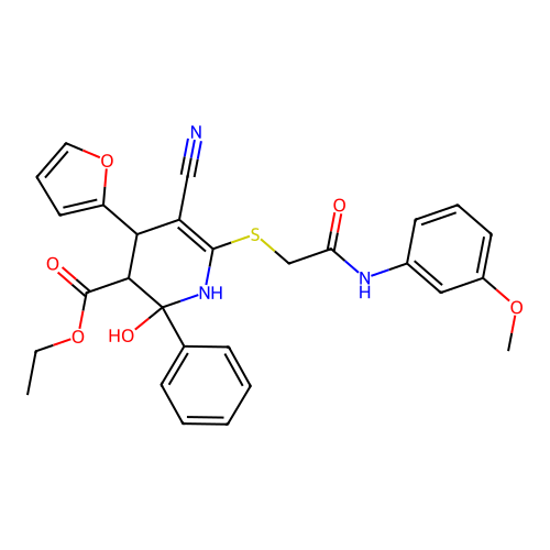 ethyl 5-cyano-4-(furan-2-yl)-2-hydroxy-6-((2-((3-methoxyphenyl)amino)-2-oxoethyl)thio)-2-phenyl-1,2,3,4-tetrahydropyridine-3-carboxylate structure