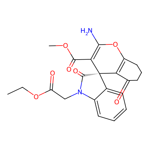(S)-methyl 2-amino-1'-(2-ethoxy-2-oxoethyl)-2',5-dioxo-5,6,7,8-tetrahydrospiro[chromene-4,3'-indoline]-3-carboxylate structure