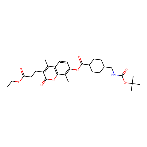 (1r,4r)-3-(3-ethoxy-3-oxopropyl)-4,8-dimethyl-2-oxo-2H-chromen-7-yl 4-(((tert-butoxycarbonyl)amino)methyl)cyclohexanecarboxylate structure