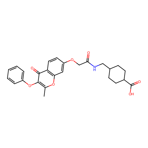 (1r,4r)-4-((2-((2-methyl-4-oxo-3-phenoxy-4H-chromen-7-yl)oxy)acetamido)methyl)cyclohexanecarboxylic acid structure