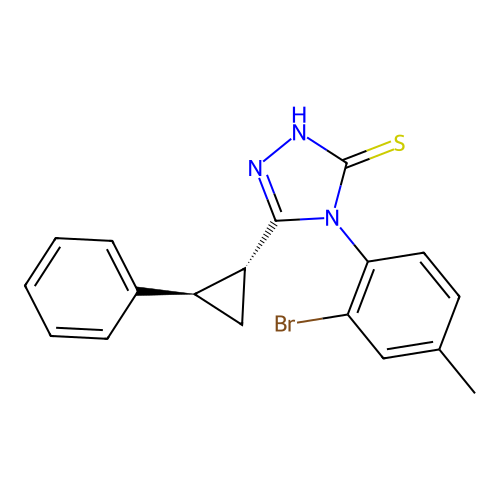 4-(2-bromo-4-methylphenyl)-5-[(1R,2R)-2-phenylcyclopropyl]-2,4-dihydro-3H-1,2,4-triazole-3-thione structure