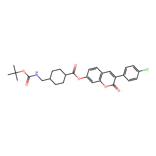 (1r,4r)-3-(4-chlorophenyl)-2-oxo-2H-chromen-7-yl 4-(((tert-butoxycarbonyl)amino)methyl)cyclohexanecarboxylate structure