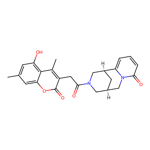 (1R,5S)-3-(2-(5-hydroxy-4,7-dimethyl-2-oxo-2H-chromen-3-yl)acetyl)-3,4,5,6-tetrahydro-1H-1,5-methanopyrido[1,2-a][1,5]diazocin-8(2H)-one structure