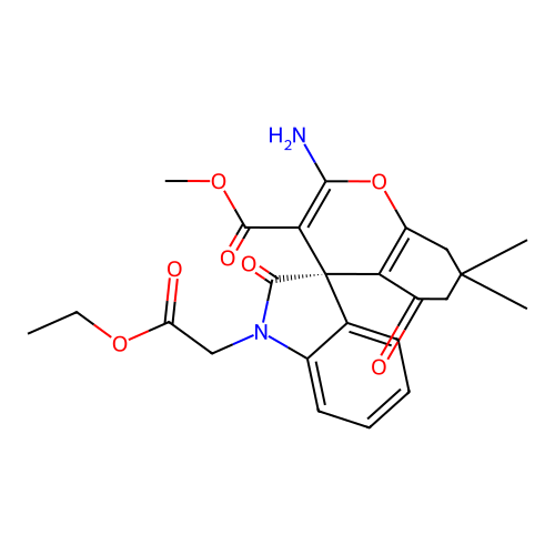 (S)-methyl 2-amino-1'-(2-ethoxy-2-oxoethyl)-7,7-dimethyl-2',5-dioxo-5,6,7,8-tetrahydrospiro[chromene-4,3'-indoline]-3-carboxylate structure
