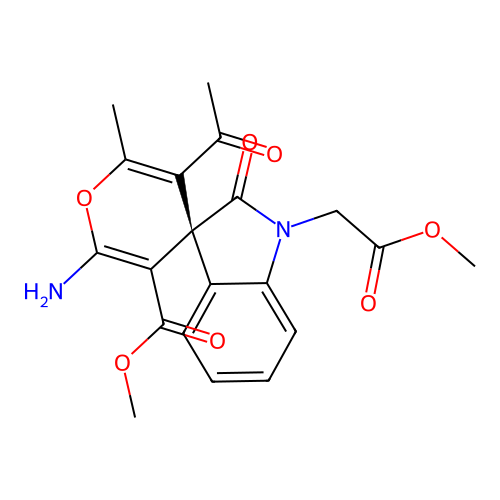 (S)-methyl 3'-acetyl-6'-amino-1-(2-methoxy-2-oxoethyl)-2'-methyl-2-oxospiro[indoline-3,4'-pyran]-5'-carboxylate structure