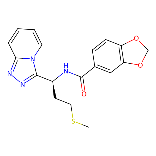 (S)-N-(1-([1,2,4]triazolo[4,3-a]pyridin-3-yl)-3-(methylthio)propyl)benzo[d][1,3]dioxole-5-carboxamide structure