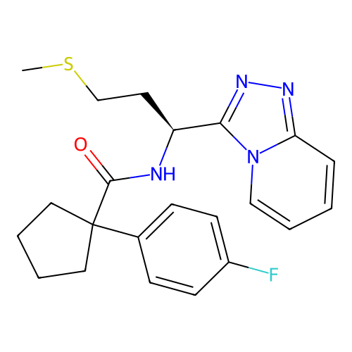 (S)-N-(1-([1,2,4]triazolo[4,3-a]pyridin-3-yl)-3-(methylthio)propyl)-1-(4-fluorophenyl)cyclopentanecarboxamide structure