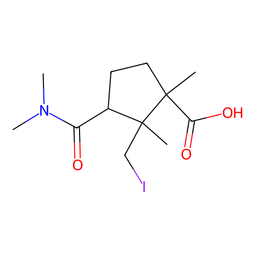 3-(Dimethylcarbamoyl)-2-(iodomethyl)-1,2-dimethylcyclopentanecarboxylic acid structure