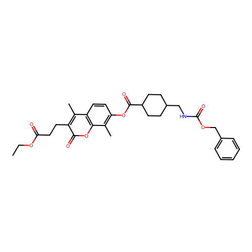 (1r,4r)-3-(3-ethoxy-3-oxopropyl)-4,8-dimethyl-2-oxo-2H-chromen-7-yl 4-((((benzyloxy)carbonyl)amino)methyl)cyclohexanecarboxylate structure