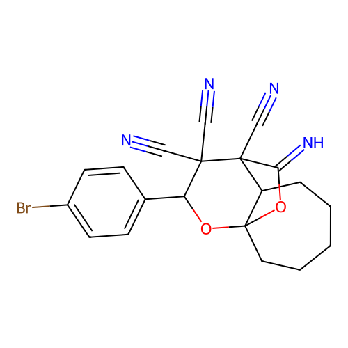 2-(4-bromophenyl)-11-iminohexahydro-2H-9a,4-(epoxymethano)cyclohepta[b]pyran-3,3,4(4H)-tricarbonitrile structure