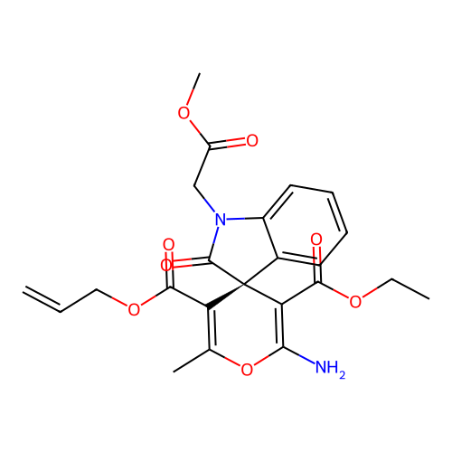 (S)-5'-allyl 3'-ethyl 2'-amino-1-(2-methoxy-2-oxoethyl)-6'-methyl-2-oxospiro[indoline-3,4'-pyran]-3',5'-dicarboxylate structure