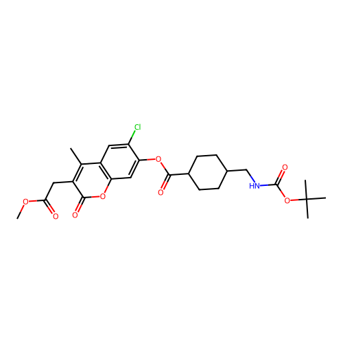 (1r,4r)-6-chloro-3-(2-methoxy-2-oxoethyl)-4-methyl-2-oxo-2H-chromen-7-yl 4-(((tert-butoxycarbonyl)amino)methyl)cyclohexanecarboxylate structure