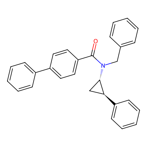 N-benzyl-N-[(1S,2R)-2-phenylcyclopropyl]biphenyl-4-carboxamide structure