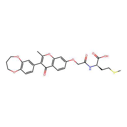 (2R)-2-[[2-[3-(3,4-dihydro-2H-1,5-benzodioxepin-7-yl)-2-methyl-4-oxochromen-7-yl]oxyacetyl]amino]-4-methylsulfanylbutanoic acid structure