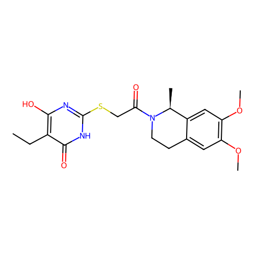 (S)-2-((2-(6,7-dimethoxy-1-methyl-3,4-dihydroisoquinolin-2(1H)-yl)-2-oxoethyl)thio)-5-ethyl-6-hydroxypyrimidin-4(3H)-one structure