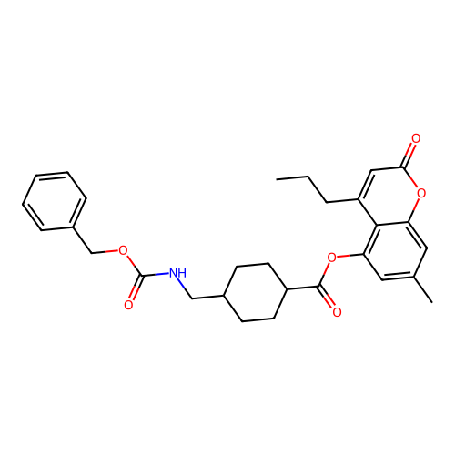 (1r,4r)-7-methyl-2-oxo-4-propyl-2H-chromen-5-yl 4-((((benzyloxy)carbonyl)amino)methyl)cyclohexanecarboxylate structure