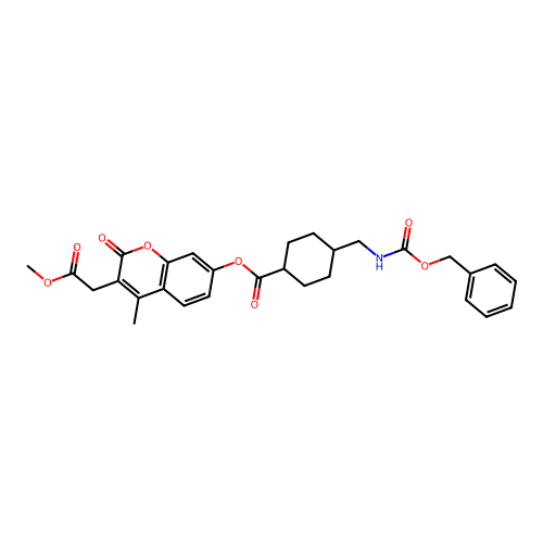 (1r,4r)-3-(2-methoxy-2-oxoethyl)-4-methyl-2-oxo-2H-chromen-7-yl 4-((((benzyloxy)carbonyl)amino)methyl)cyclohexanecarboxylate structure