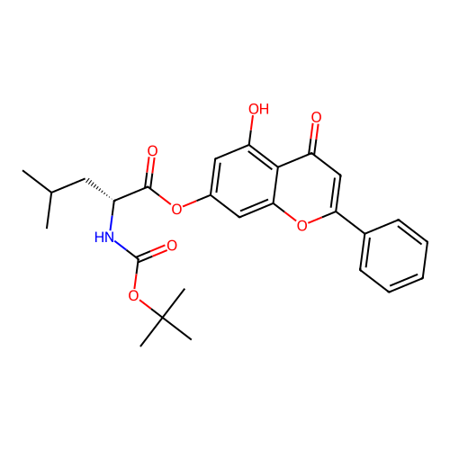 5-hydroxy-4-oxo-2-phenyl-4H-chromen-7-yl N-(tert-butoxycarbonyl)-D-leucinate structure
