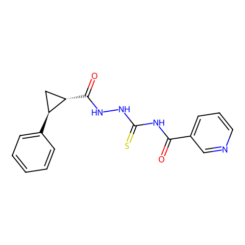 N-(2-((1S,2S)-2-phenylcyclopropanecarbonyl)hydrazinecarbonothioyl)nicotinamide structure