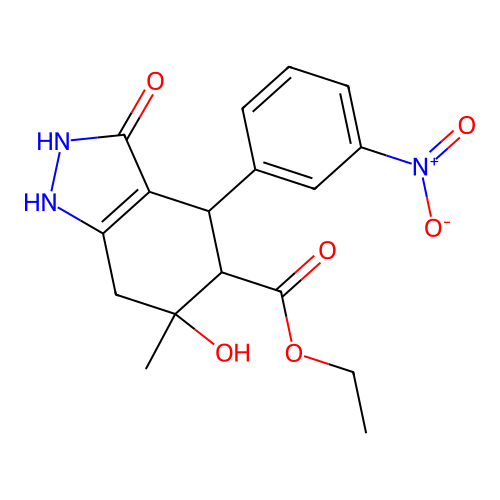 ethyl 3,6-dihydroxy-6-methyl-4-(3-nitrophenyl)-4,5,6,7-tetrahydro-2H-indazole-5-carboxylate structure