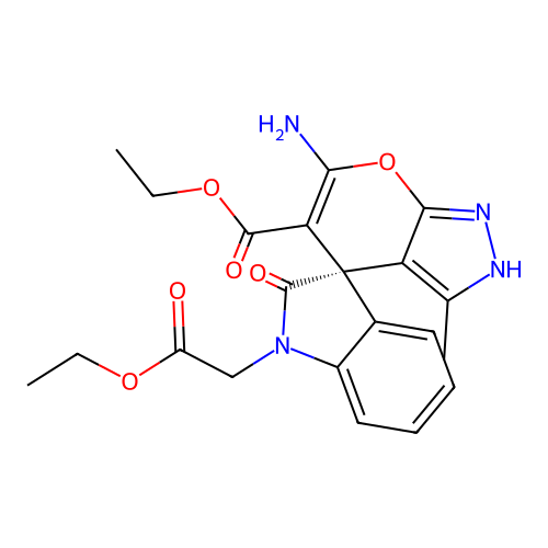 (S)-ethyl 6'-amino-1-(2-ethoxy-2-oxoethyl)-3'-methyl-2-oxo-1'H-spiro[indoline-3,4'-pyrano[2,3-c]pyrazole]-5'-carboxylate structure