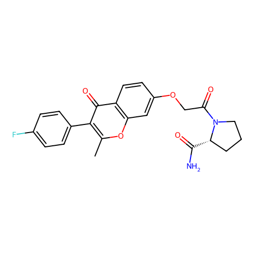 (2R)-1-[2-[3-(4-fluorophenyl)-2-methyl-4-oxochromen-7-yl]oxyacetyl]pyrrolidine-2-carboxamide structure