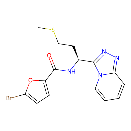 (S)-N-(1-([1,2,4]triazolo[4,3-a]pyridin-3-yl)-3-(methylthio)propyl)-5-bromofuran-2-carboxamide structure