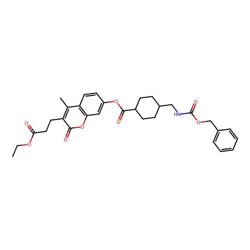 (1r,4r)-3-(3-ethoxy-3-oxopropyl)-4-methyl-2-oxo-2H-chromen-7-yl 4-((((benzyloxy)carbonyl)amino)methyl)cyclohexanecarboxylate structure
