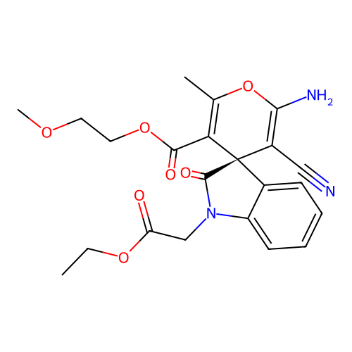 (R)-2-methoxyethyl 2'-amino-3'-cyano-1-(2-ethoxy-2-oxoethyl)-6'-methyl-2-oxospiro[indoline-3,4'-pyran]-5'-carboxylate structure