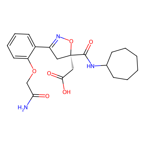 (S)-2-(3-(2-(2-amino-2-oxoethoxy)phenyl)-5-(cycloheptylcarbamoyl)-4,5-dihydroisoxazol-5-yl)acetic acid structure